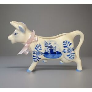 VTG Delft Holland Farmhouse Hand Painted Ceramic Blue & White Cow Creamer 6.25"